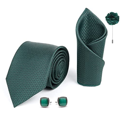 RIZORO Tie for Men – Self Silk Neck Ties Set with Cufflinks Flower Pin, Pocket Square & Black Gift Box, Combo Necktie Sets for Office Wear, Formal Suits & Weddings (Green, SIDIGNRX)
