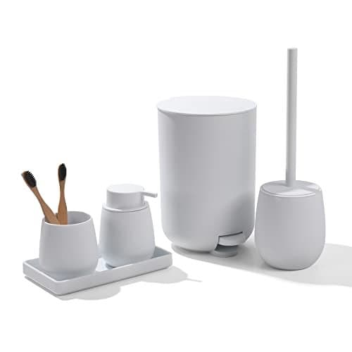 GAHEFY White Bathroom Accessories Set with Small Trash Can 3 Liter/0.8 Gallon,Toothbrush Holder,Soap Dispenser,Vanity Tray,Toilet Brush and Holder White 5PCS