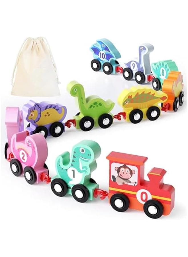 Wooden Dinosaur Number Train, Montessori Toy Train Set, Educational Toy Gift for Baby Toddler Boys Girls Age 1 2 3 Years Old
