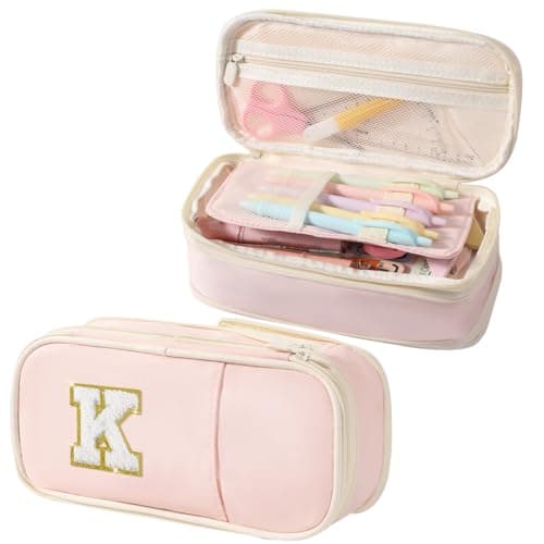 Janhavi Preppy Pencil Case for School Supplies Large Initial Pencil Pouch with Zipper Cute Pencil Bag for Office Supplies Aesthetic Birthday Gift for Kids Teen Girls Adults Pink KChenille
