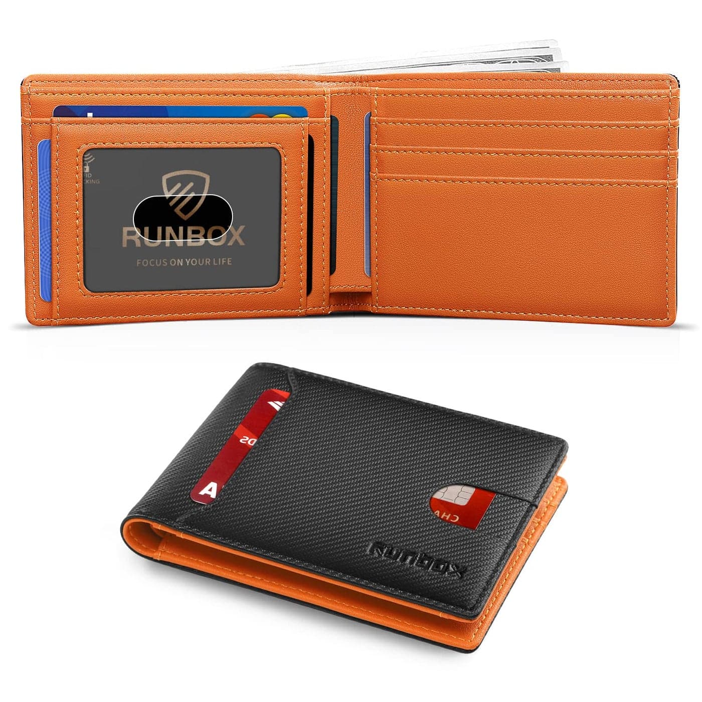 RUNBOX Slim Wallet for Men Bifold Minimalist Leather RFID Blocking with Gift Box Carbon Black and Plaid