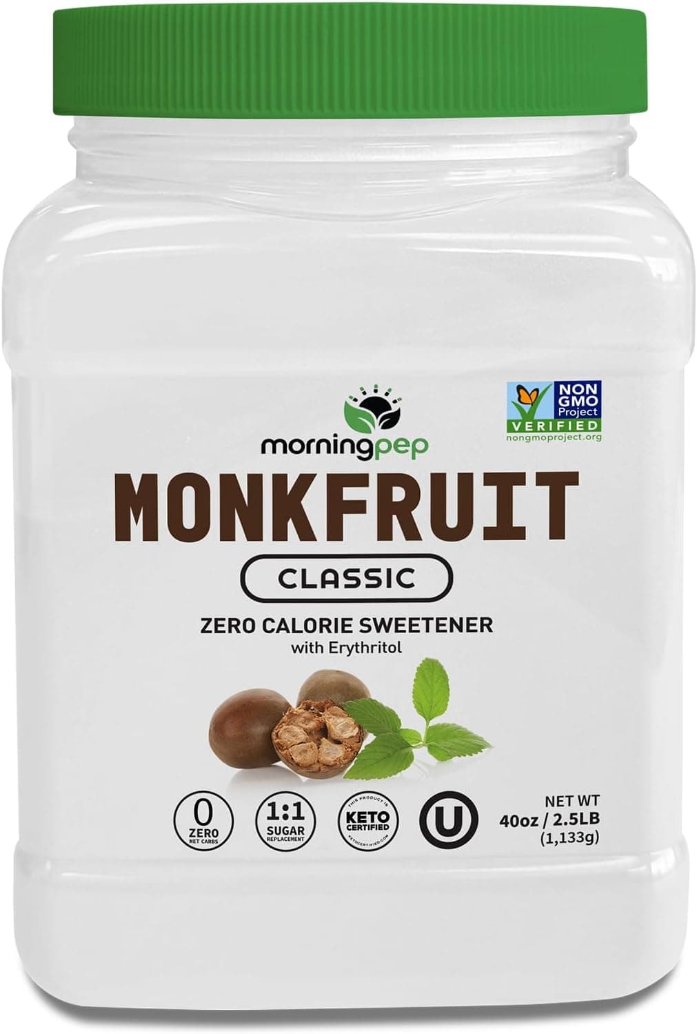 Morning Pep Monk Fruit Sweetener Classic - Zero Calorie Sugar Substitute with Erythritol, Keto Friendly, 40oz