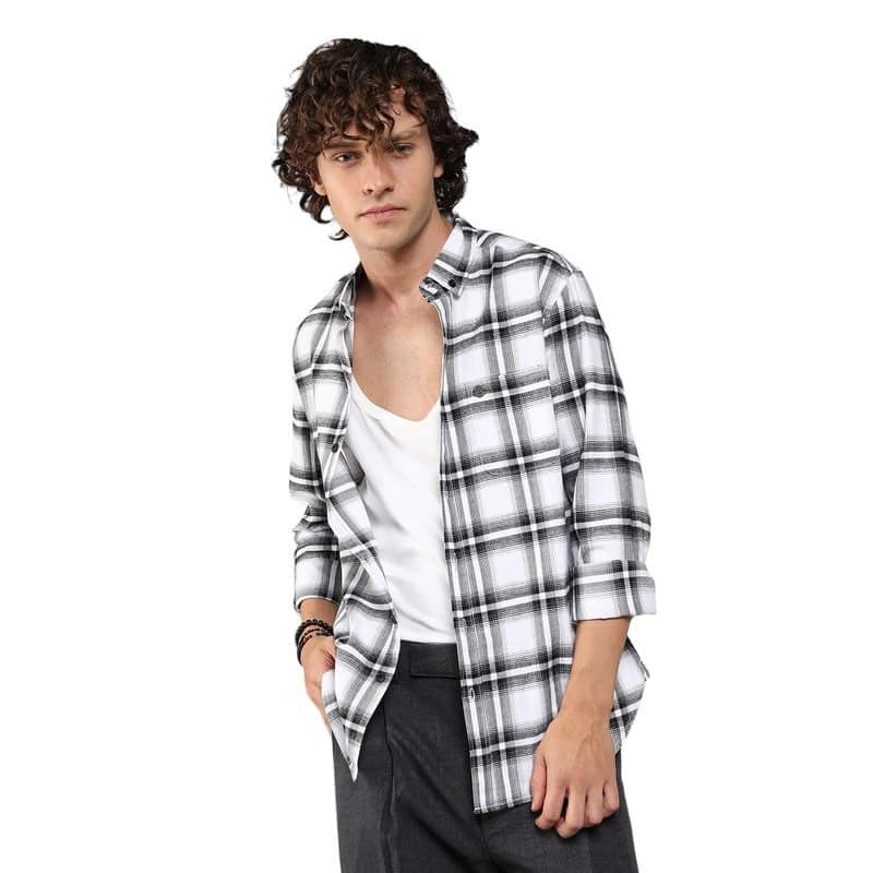Campus Sutra Men's Chalk White & Midnight Black Brushed Buffalo Check Shirtfor Casual Wear | Spread Collar | Long Sleeve | Button Closure | Shirt Crafted with Comfort Fit for Everyday Wear