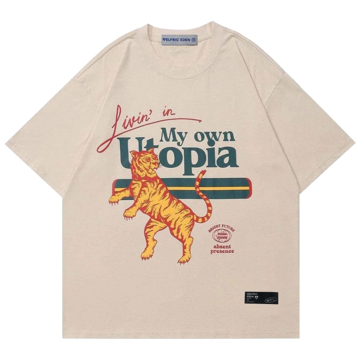Aelfric Eden Mens Oversized T Shirts Tees Tiger Graphic Tee Print Cotton Tops Streetwear Casual Shirt Apricot