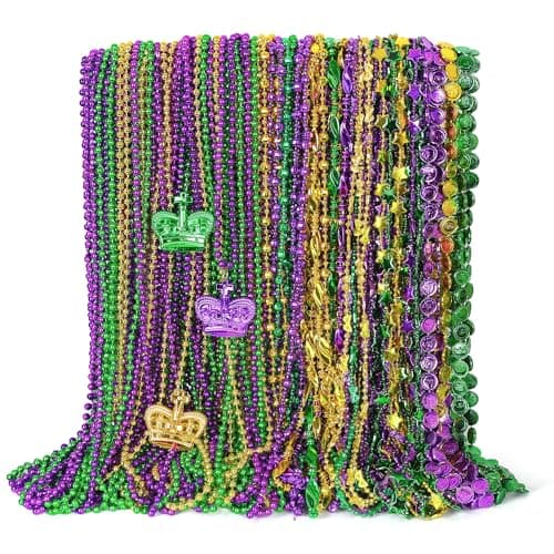 48PCS Mardi Gras Beads Metallic Mardi Gras Beads Necklace 10 Kinds Green Purple Gold Necklaces Bulks Coins Mask Bead Necklace Costumes Festival Carnivals Events Parade Throws Party Accessories