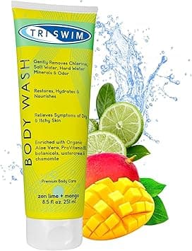 TRISWIM Chlorine Removal Body Wash After Swim Care Shower Gel Moisturising AntiChlorine Vegan Shower Gel For Swimmers Intensive Hydration Body Wash For Women Men Lime Mango 251ml