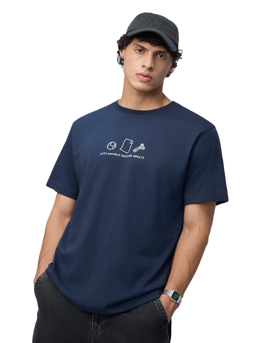 The Souled Store Originals: Handle Like Adults Men and Boys Short Sleeves Round Neck Blue Graphic Printed Relaxed Fit Cotton T-Shirts
