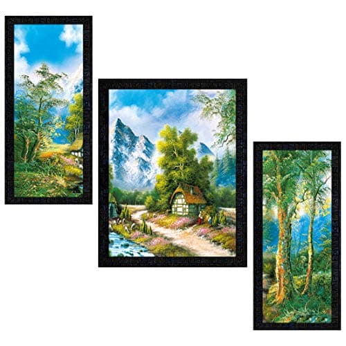 PNF Synthetic Frame Landscape Scenery Hand Painting (14x22-inch, Multicolour, 1598) -Set of 3