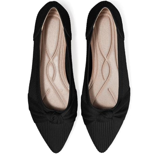 TINGRISE Women's Flats Shoes Comfortable Dressy Pointed Toe Knit Washable Ballet Flat Black US8