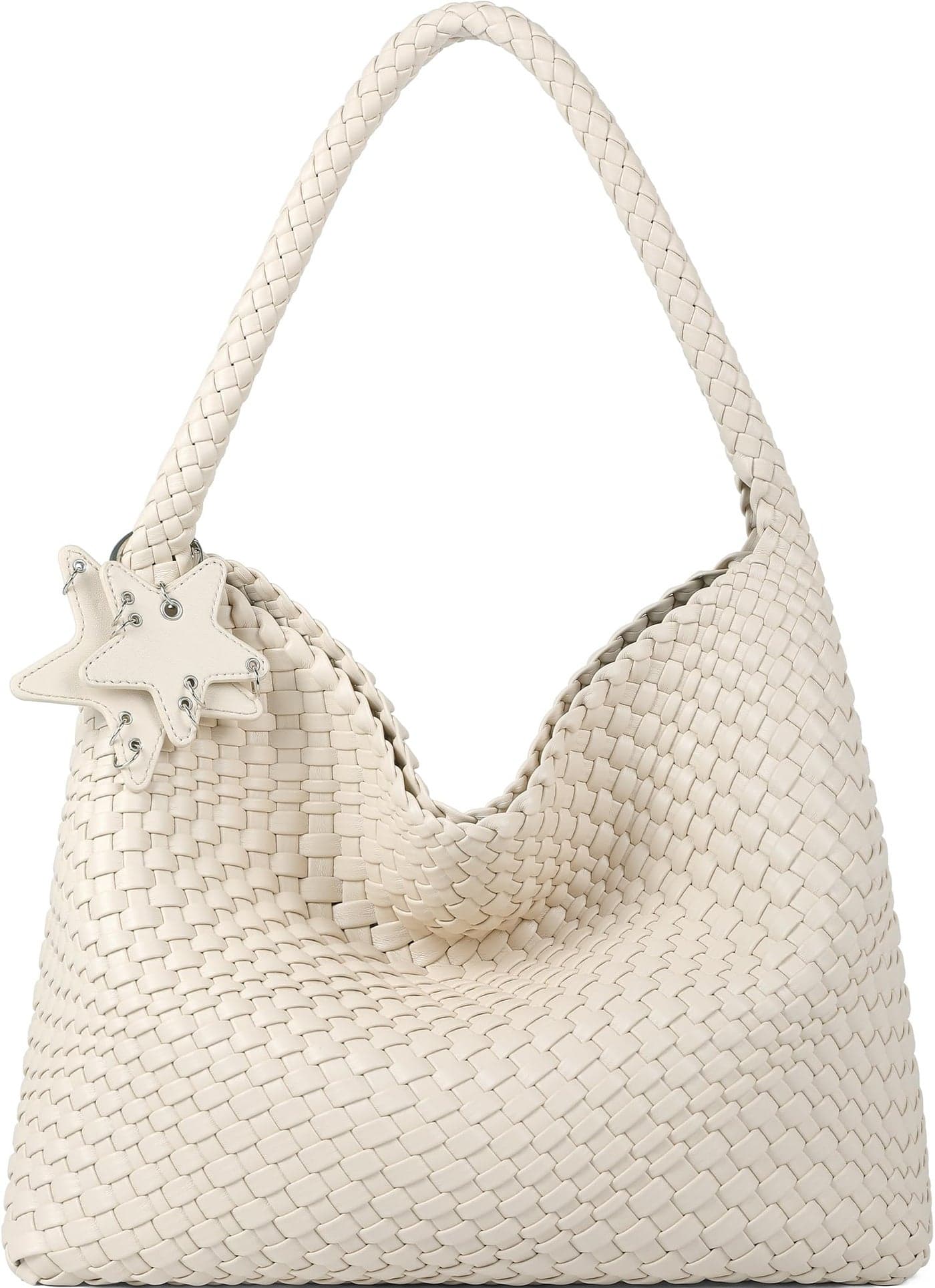 Queenoris Fashion Woven Purse for Women Tophandle Shoulder Bag Soft Summer Hobo Tote Bag Beige