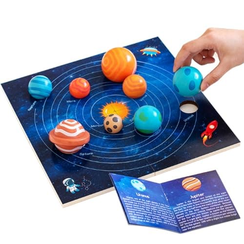 Adena Montessori Wooden Solar System Model Board Puzzle with 3D Planets Models for 36 Year Old Kids Preschool Science Toys STEM Toys Gift for Boys Girls