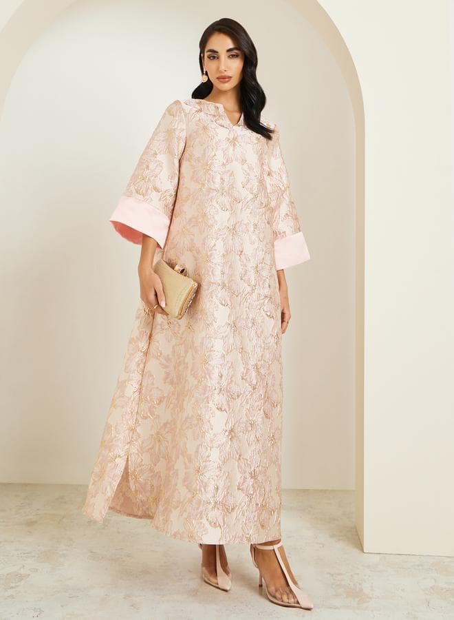 Women Pink Floral Jacquard Maxi Jalabiya