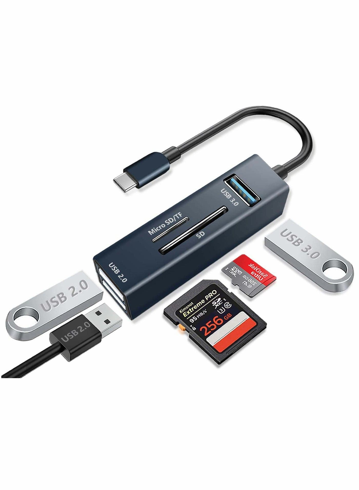 SD Card Reader 5 IN 1 USB 3.0, Multi-Port Adapter Hub of 3 USB, Type C to SD Card Reader OTG Adapter