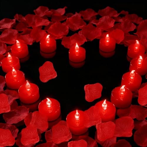 500 Pcs Red Rose Petals with 12 Red LED Tea Lights Candles Set, Artificial Rose Petals and Flameless Candles Set for Anniversary, Valentine's Day, Wedding Christmas Decor