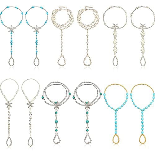 Hicarer 12 Pieces Feet Jewelry Barefoot Sandals Toe Rings Foot Chains Starfish Faux Pearls Elastic Beaded Turquoise Anklet Chains Jewelry with Rhinestone Ring for Women Wedding Beach Wearing