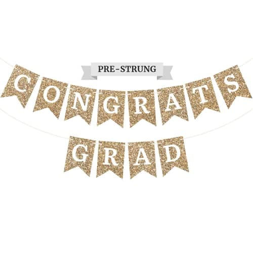 Pre-strung Congrats Grad Banner - No DIY - Gold Glitter Graduation Party Banner - Pre-strung Garland on 6 ft Strand - Gold Grad Congrats Class of 2025 Party Decorations & Decor. Did We Mention No DIY