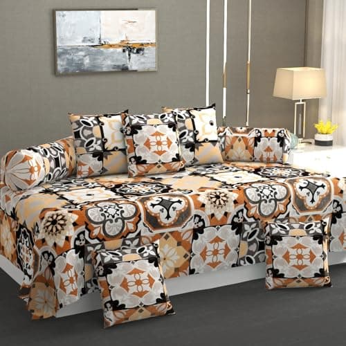 TIB Presents Flannel Warm Diwan Cover Set, 1 Single Bedsheet (60 x 90 inch), 5 Pillows (16 x 16 inch), 2 Bolster Covers (16 x 32 inch) (Circle Cream)