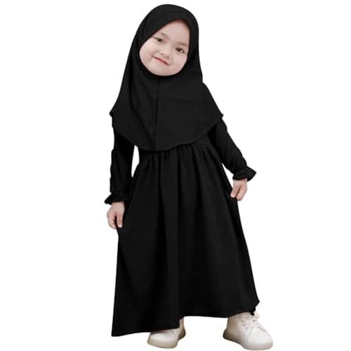 Newborn Infant Muslim Dress for Baby Girls Abaya Prayer Dress with Hijab Toddler Kids Long Sleeve Islamic Kaftan Two Piece Set Middle East Arabian Dubai Outfit 1st Ramadan Eid Clothes Black 0-6 Months