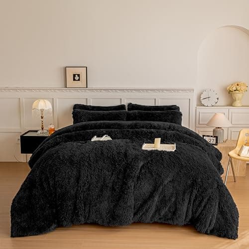 chovy Faux Fur Plush Black Comforter Sets Twin/Full Size - Ultra Soft Shaggy Flannel Velvet Fluffy Fuzzy 3PC Bedding Set (Comforter x 1 Pillowcases x 2)