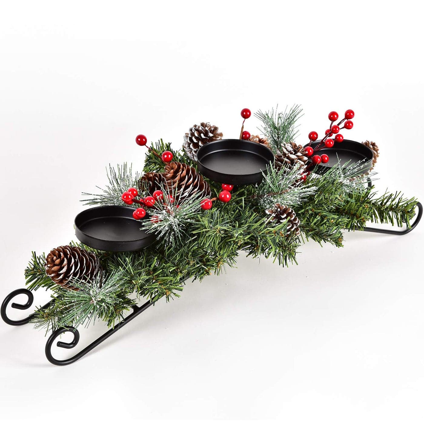 Lvydec Christmas Candle Holder Centerpiece Pine Cones and Red Berry Table Centerpiece with 3 Candle Holders for Festival Table Home Decoration