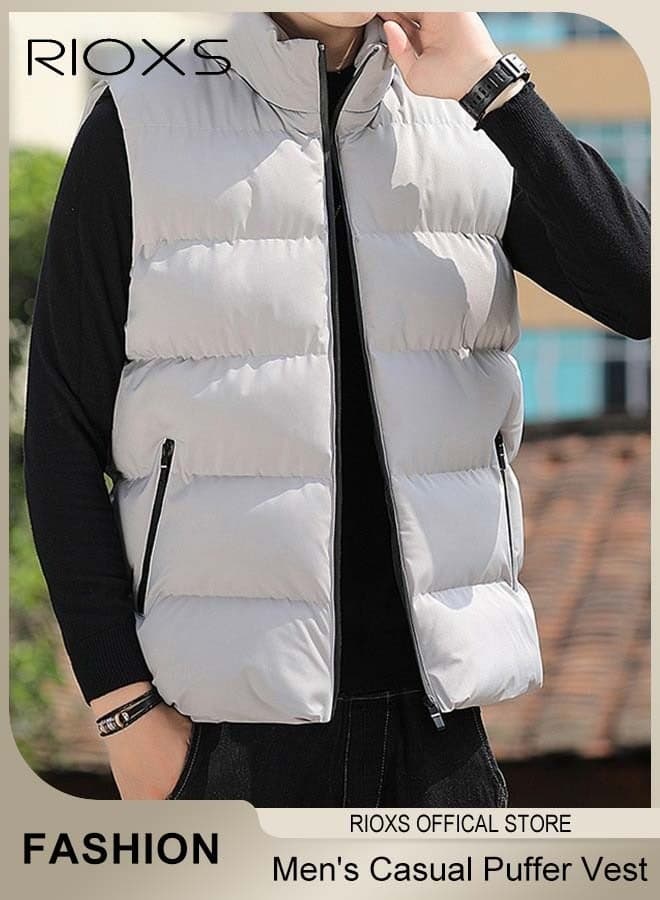 Men's Casual Quilted Vest, Lightweight Puffer Vest, Puffy Sleeveless Jacket, Outdoor Stand Collar Sleeveless Down Jacket Coat For Spring Autumn Winter, Soild Color Warm Outerwear With Pockets