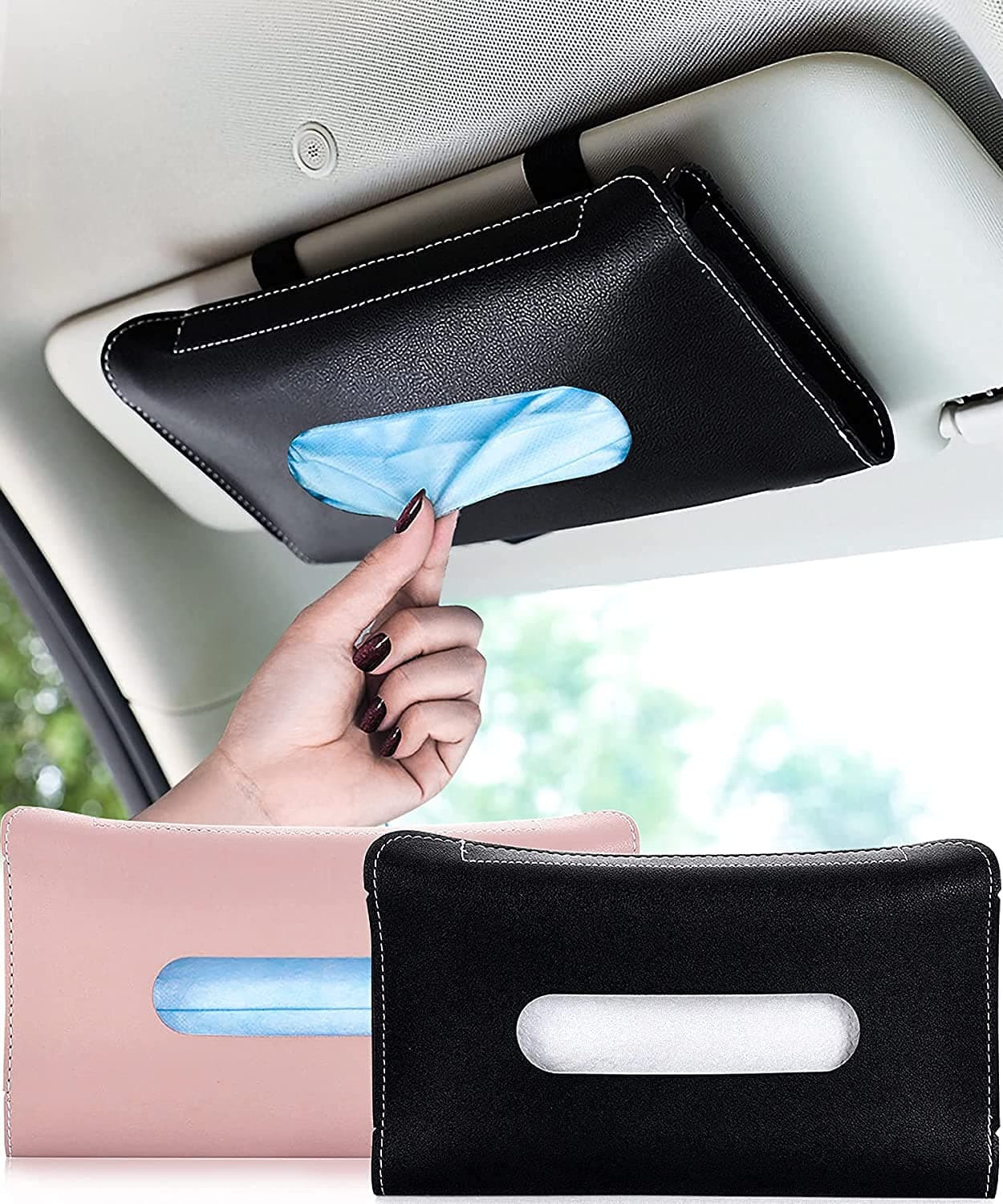 Car Visor Tissue Holder, Tissue Holder for Car, Mask Holder for Car Visor, PU Leather Tissue Box Holder, Wipes Case for Car Visor, Universal Mask Dispenser for Car Napkin Holder for Car Tissue (Black)