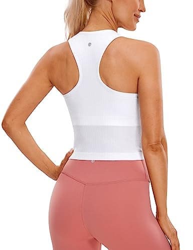 CRZ YOGA Womens Seamless Ribbed High Neck Longline Sports Bra - Racerback Padded Slim Fit Crop Tank Top with Built in Pads White Small