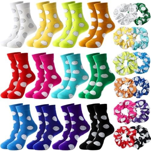 Vinsatin 24 Pcs Sport Team Gifts for Teen Girls Novelty Mid Calf Ball Socks and Scrunchie Hair Ties for Team Party FavorsVolleyball