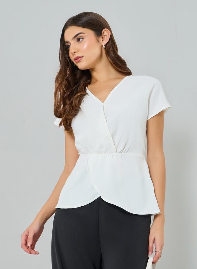 White Solid V Neck Top with Petal Hem