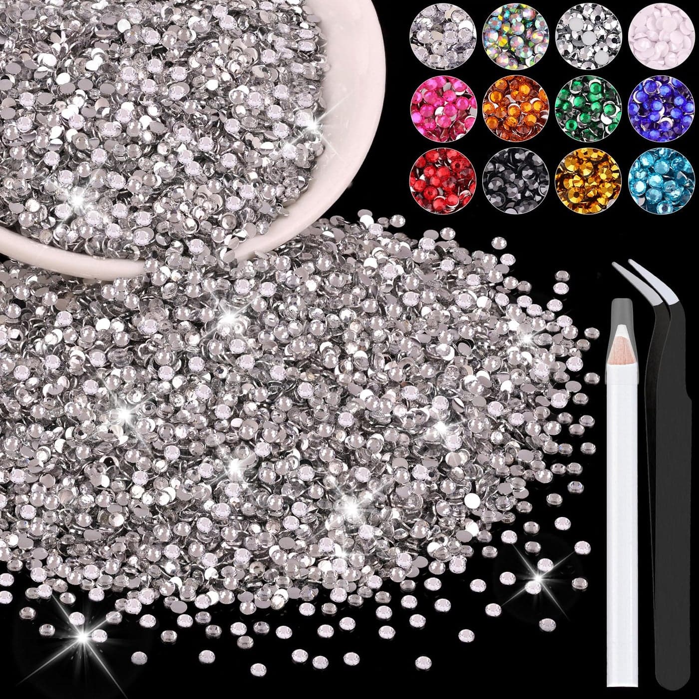 5000PCS 3mm Resin Rhinestones in Bulk Clear Bedazzling Flatback Crystals for Crafts DIY Nail Decoration Gems Charms for Tumbler Shoes Clothing Fabric with Pickup Pen and Tweezers