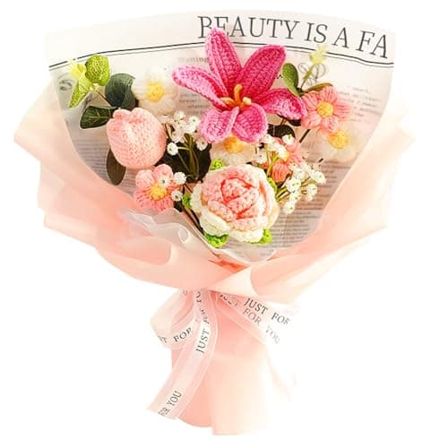 Phaicoilo Crochet Flower Bouquet Tulip Rose: Completed Crochet Tulip Flowers for Mother's Day Birthday Home Decor (Pink)
