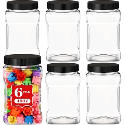 Geiserailie 6 Pcs Square Clear Plastic Jars with Pinch Handle Plastic Storage Container with Screwon Lids Reusable Wide Mouth Canisters for Dry Good Peanut Cookies Candy 48 ozBlack Lids