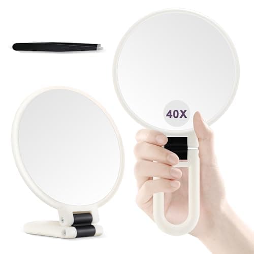 B Beauty Planet 40X Magnifying Mirror Hand Mirror with Handle Double Sided Hand Mirror with 40X1X Magnification Travel Essential Portable Foldable Makeup Mirror for Precision Makeup White