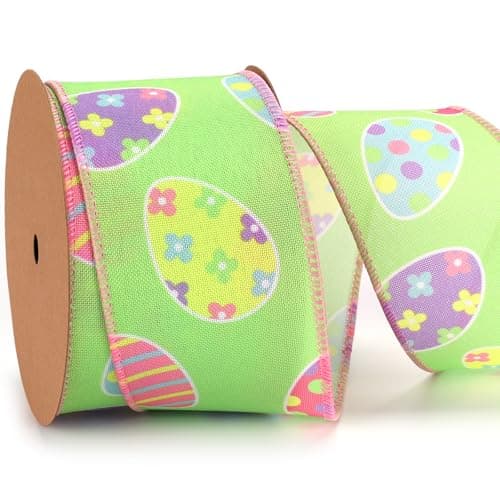 LaRibbons Easter Ribbon Wired 25 Inch x 12 Yards Easter Eggs Wired Edge Ribbon for Easter Baskets Crafts Wrapping Wreath Bow DIY Decorative