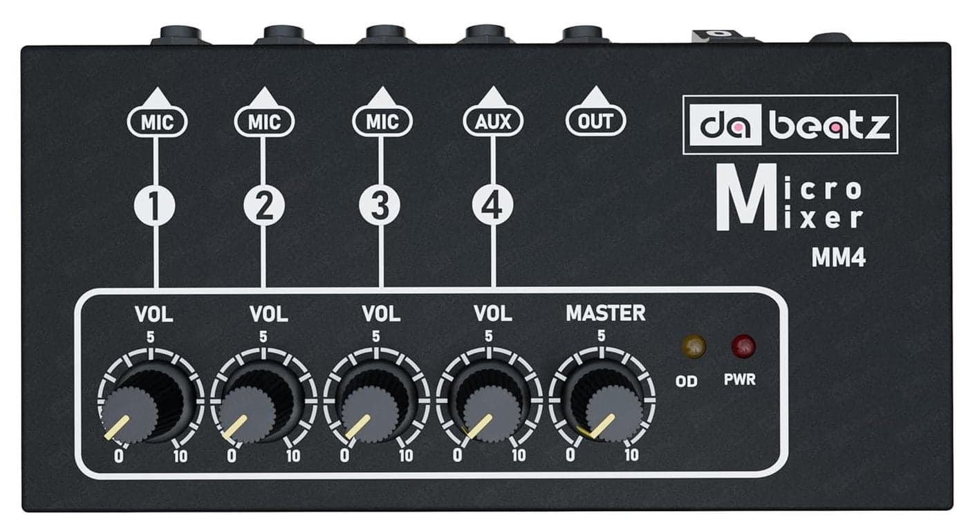 Dabeatz 4 channel mini audio mixer, audio interface for recording studio, ultra low noise mixer for PC/Recording, Ideal for small club, Streaming, Singing, Gaming, Micro Mixer for Sub-Mixing, DB-MM4