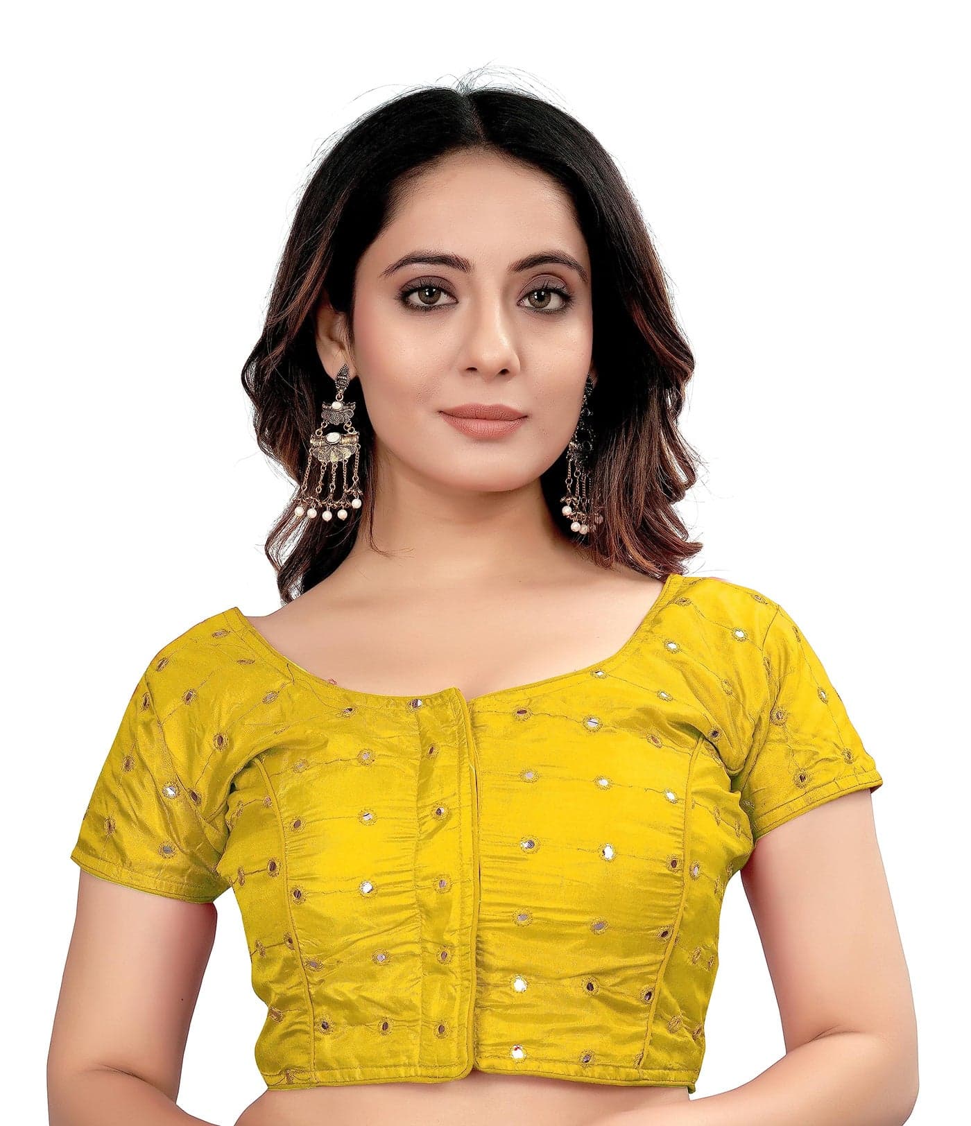 Pujia Mills Women's Silk Foil Mirror Short Sleeve Readymade Fancy Blouse(Foil Mirror Yellow_38)