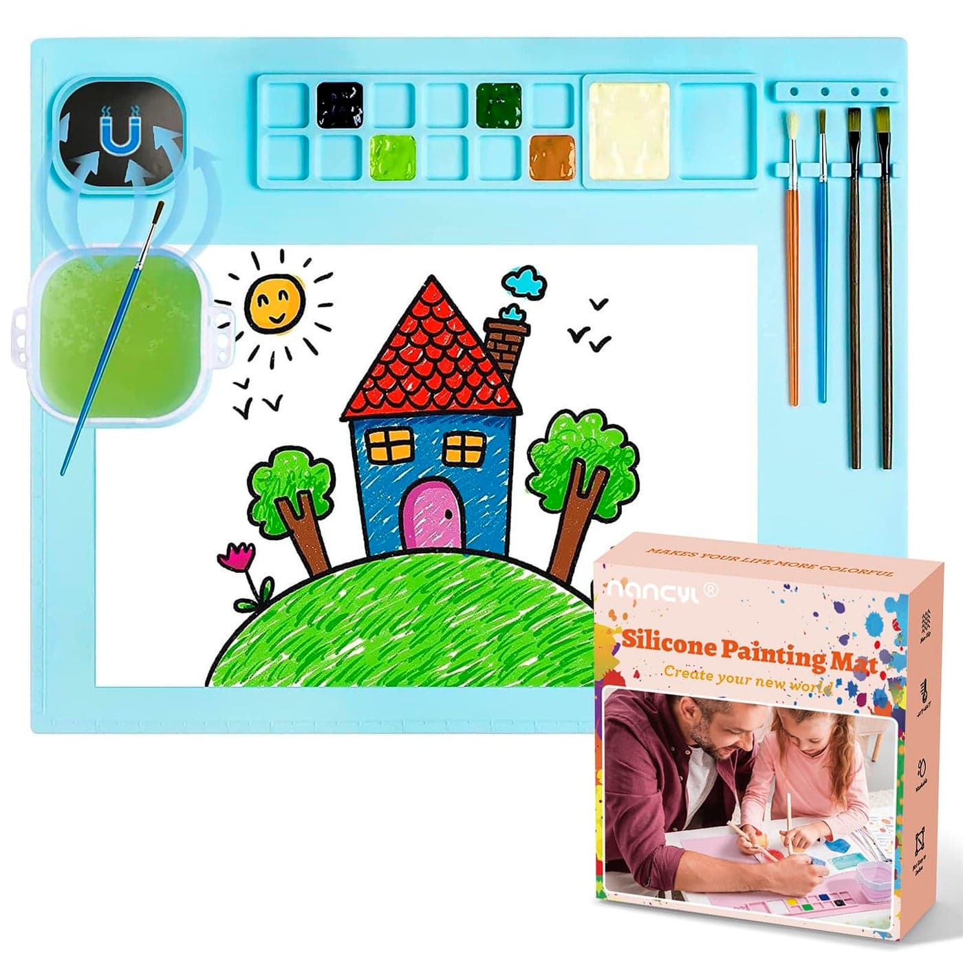 Silicone Art Mat with Cup Painting Mat for Crafts Resin Casting Artist Mat with Pen Holders for Kids Gift Clay DIY Creations and Play Doh Christmas Gifts Box Blue