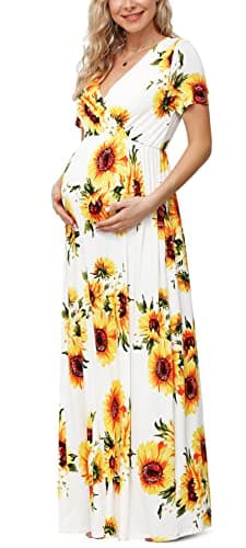 Xpenyo Women's Floral Maternity Dresses Summer Casual Short Sleeve V Neck Wrap Long Maxi Dress Pregnancy Clothes for Baby Shower, Photoshoot, Party, Daily, Nursing, Sunflower White S