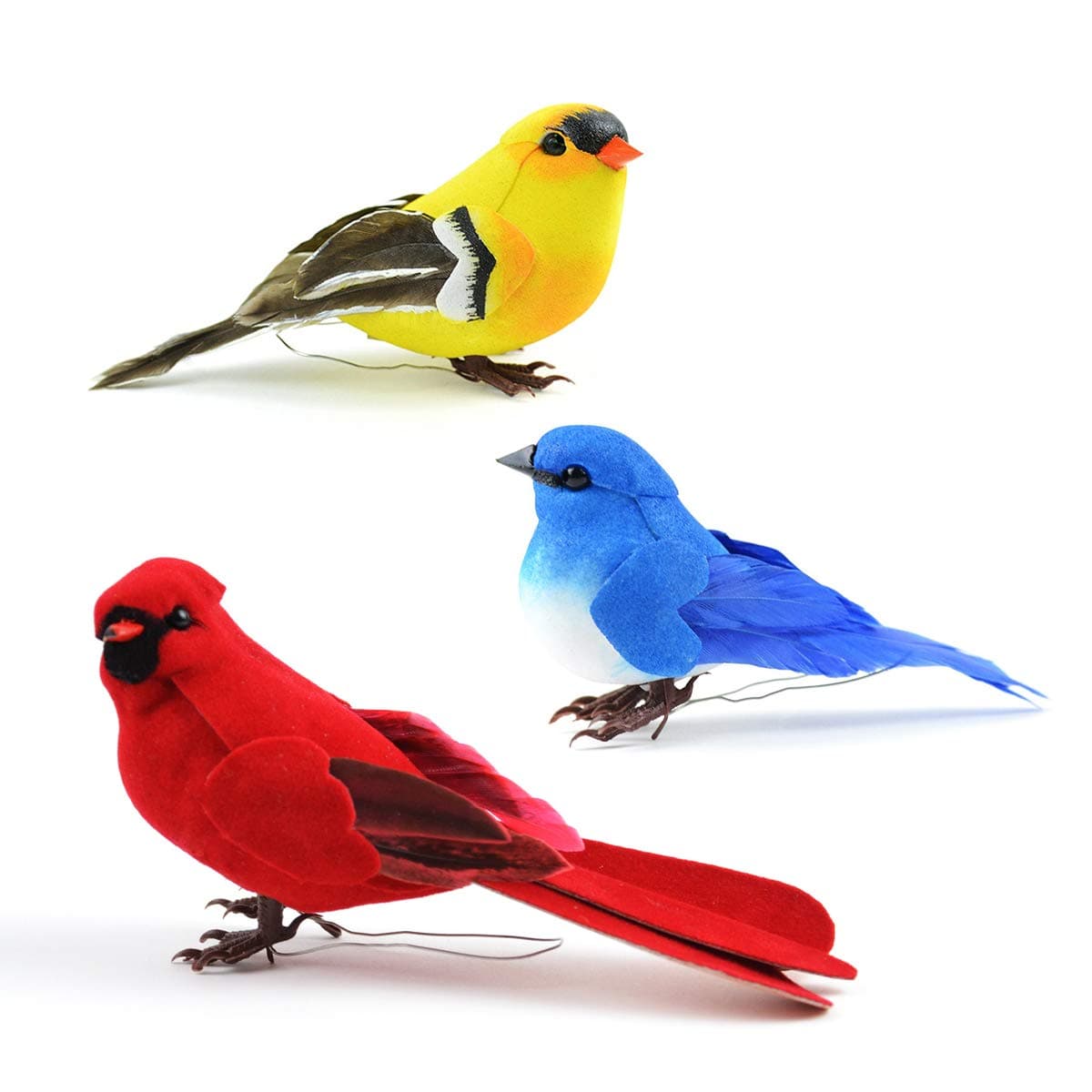 Set of 3 Artificial Birds for Decoration Floral Arrangements and Arts Crafts Red Cardinal Eastern Bluebird American Goldfinch