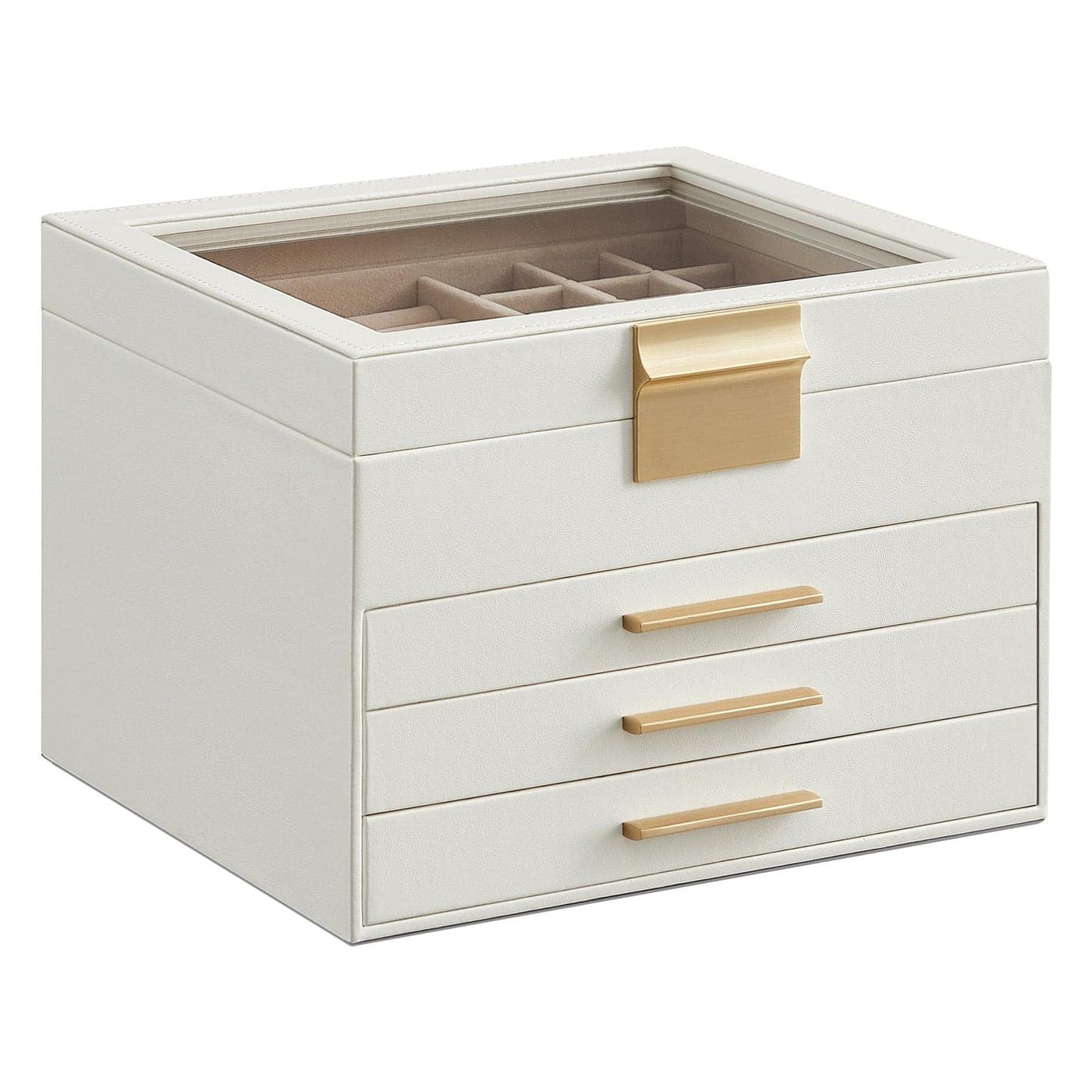 SONGMICS Jewelry Box Organizer with Glass Lid 4Layer Jewelry Storage with 3 Drawers Modern Style 8 x 91 x 65 Inches Cloud White and Gold Color UJBC173W01
