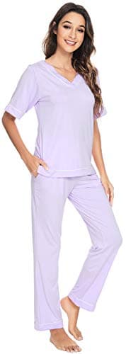 WiWi Viscose from Bamboo Pajamas Set for Women Super Soft Short Sleeves Top with Long Pants Pjs Cooling Sleepwear with Pocket SXXL Taro Purple XLarge