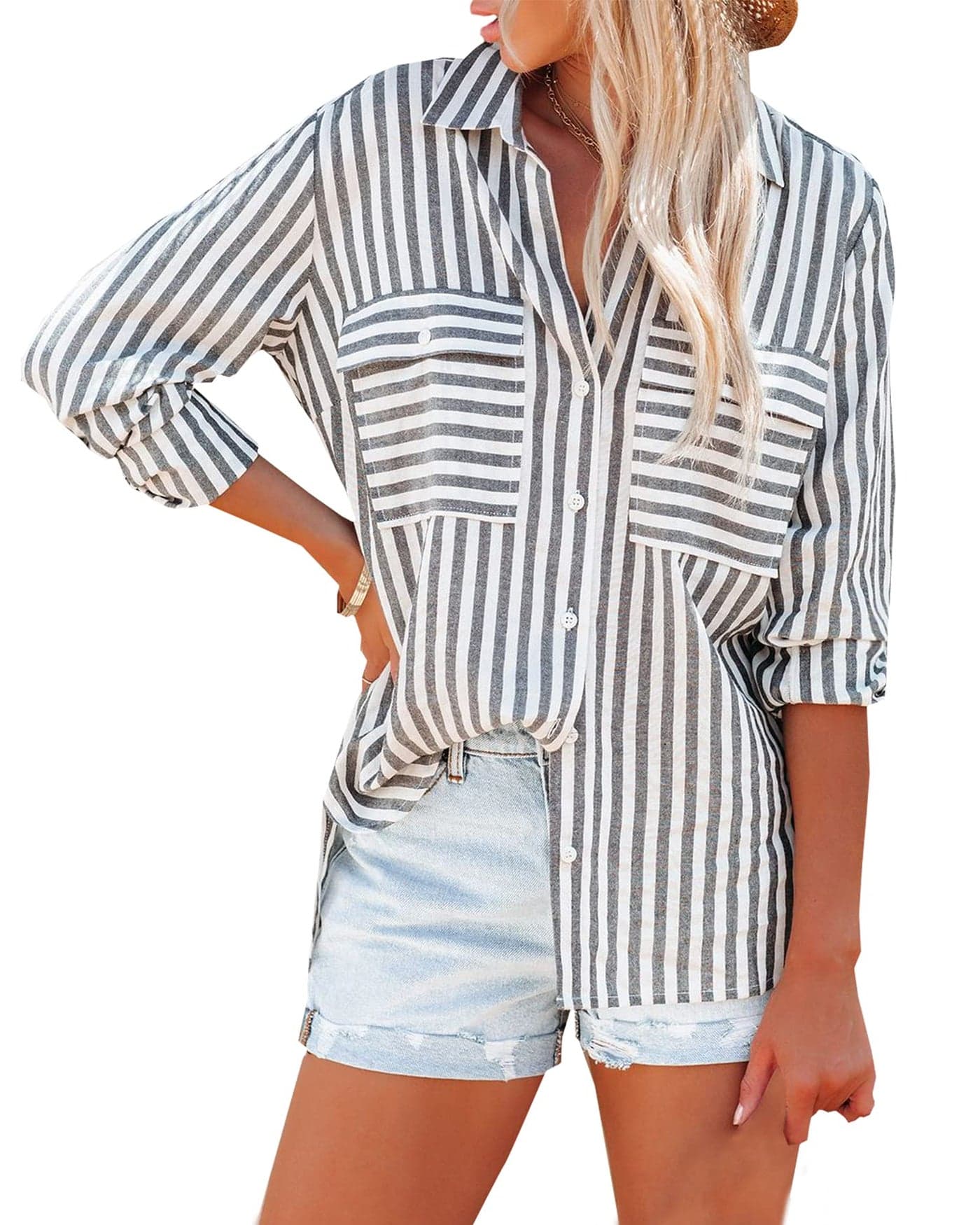 OMSJ Women's Striped Button Down Shirts Casual Long Sleeve Stylish V Neck Blouses Tops with Pockets (L, Black)