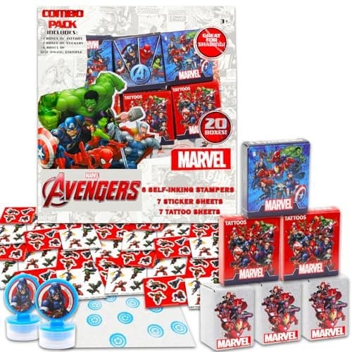 Avengers Party Favors for 20 Guests Bundle 20 Pieces Avengers Favor Boxes with Stickers Tattoos and Stampers for Kids Birthday Party Superhero Party Supplies and Decorations