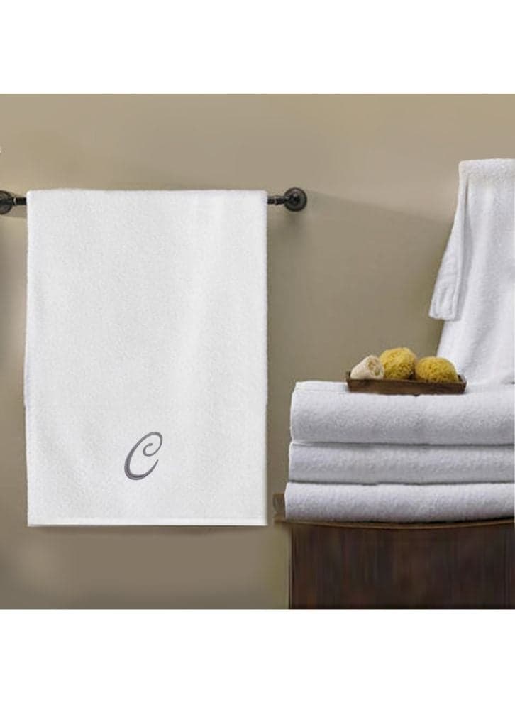 Embroidered For You (White) Luxury Monogrammed Bath Towel (70 x 140 Cm -Set of 1) 100% Cotton, Highly Absorbent and Quick dry Bath Linen -600 Gsm (Silver Letter C)