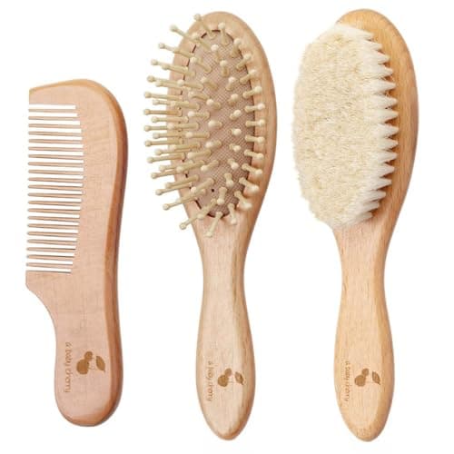 A Baby Cherry - 3 Piece Premium Baby Brush & Comb Set | Baby Hair Brush | Wooden Baby Comb Hair for New Born & Natural Fiber Hair Brush for Toddler | Natural Soft Bristles | Perfect Baby Grooming Kit