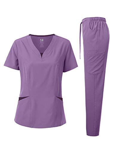 Dagacci Scrubs for Women Set – 4-Way Stretch Top and Pants Womens Scrub Sets, Contrast V-Neck and Pocket (Small, Lavender)