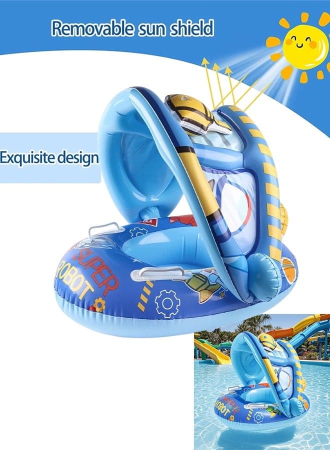 Baby pool float,Swimming Pool Float Boat with Sun Protection Canopy Inflatable Pool Float Yacht Ring Awning Inflatable Swimming Training Float Seat for Boys Girls Summer Outdoor (Dark Blue)