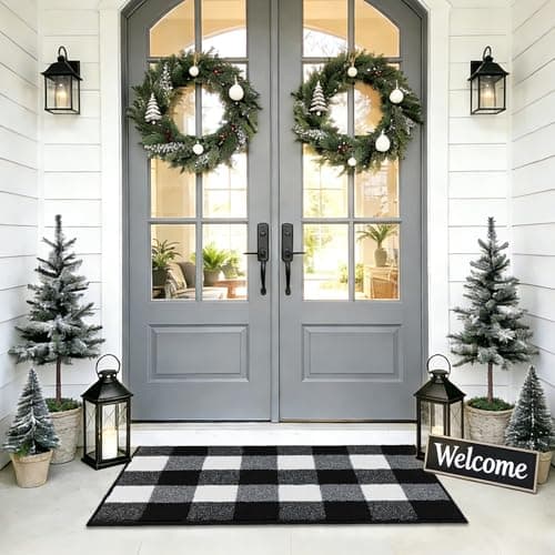 REFETONE Buffalo Plaid Rug 24"x36", Black and White Checkered Rug Rubber Backing Non-Slip Indoor Outdoor Rugs for Layered Door Mats, Washable Absorbent Carpet for Front Porch Farmhouse Entryway