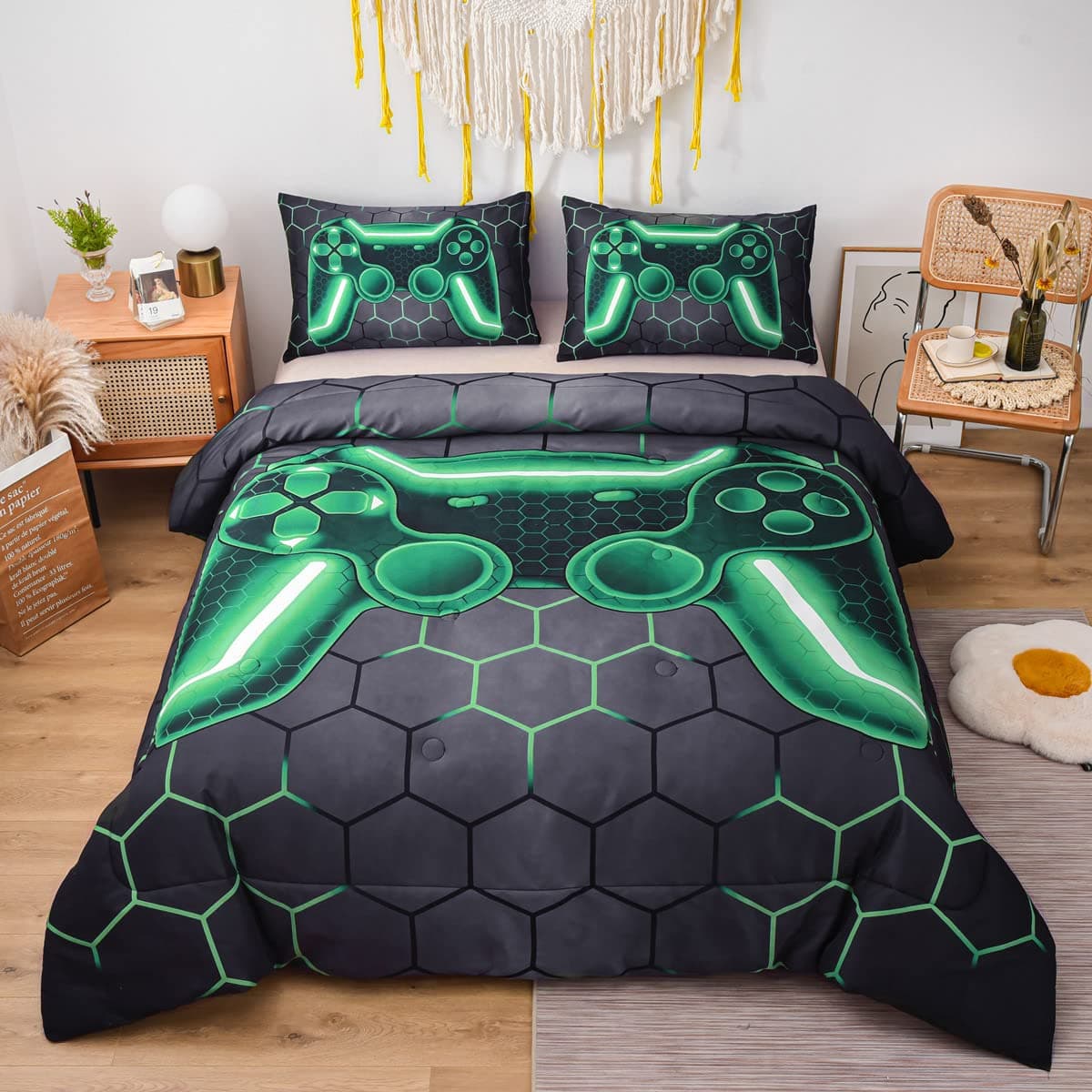 NTBED Game Console Comforter Set for Boys Girls Kids Geometric Lightweight Microfiber Bedding Sets Green Full