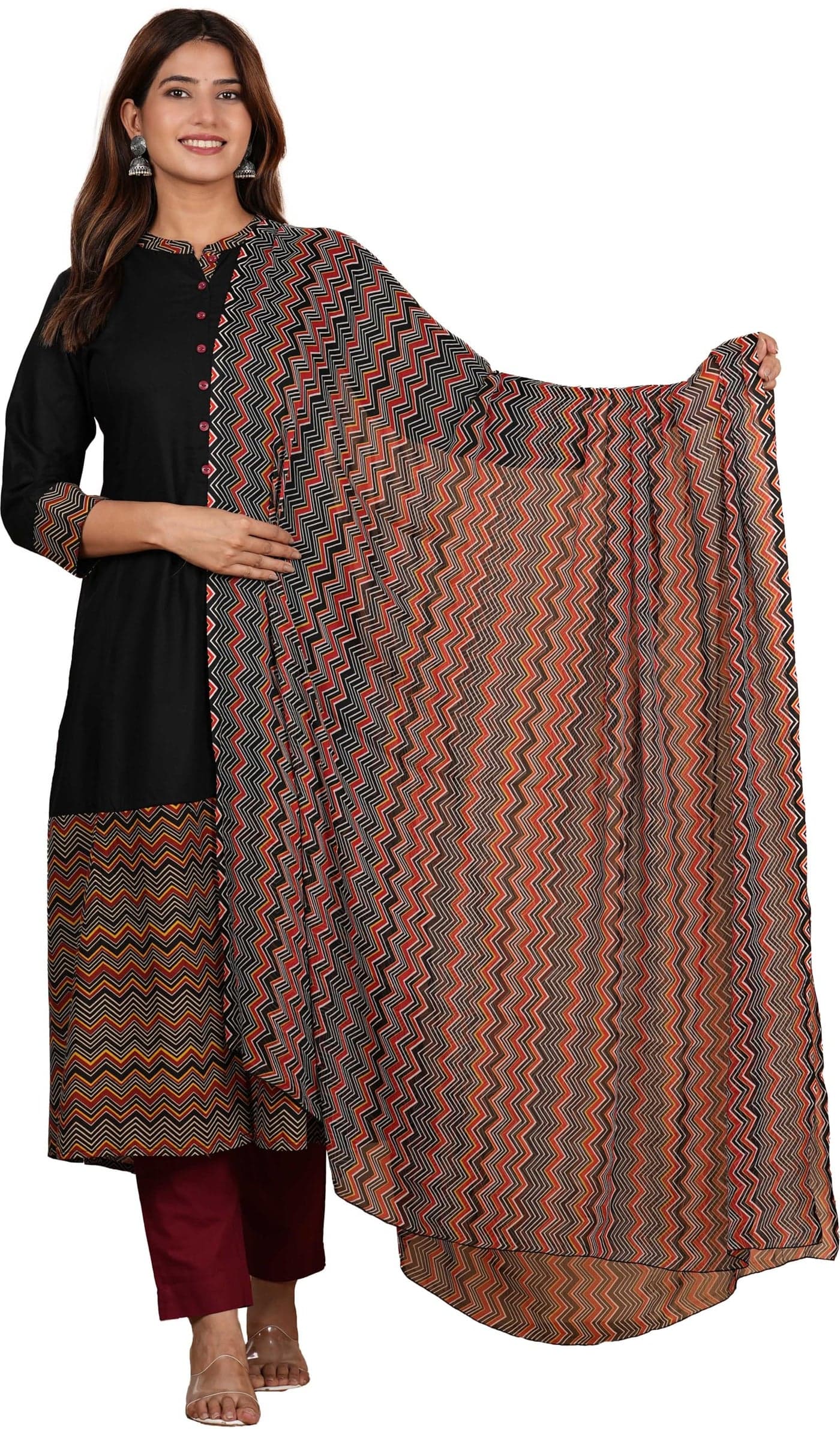 Yash Gallery Women's Rayon Calf Length Zig-Zag Printed 3/4th Sleeve Regular Fitted Black A-line Kurta with Zig-Zag Printed Dupatta (Black, 6XL)
